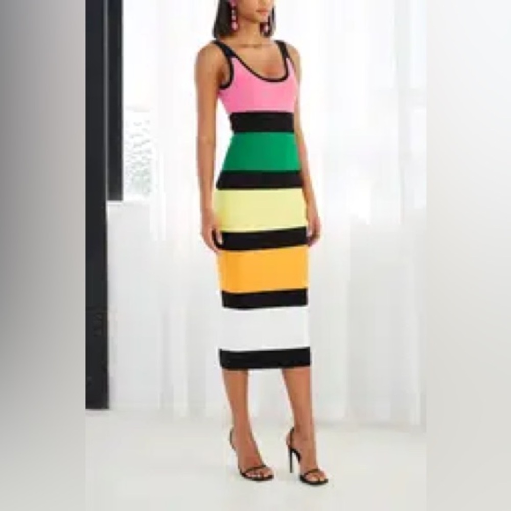 By Johnny Rainbow Stripe Knit Midi Dress | Bodycon Tank Dress | Size m